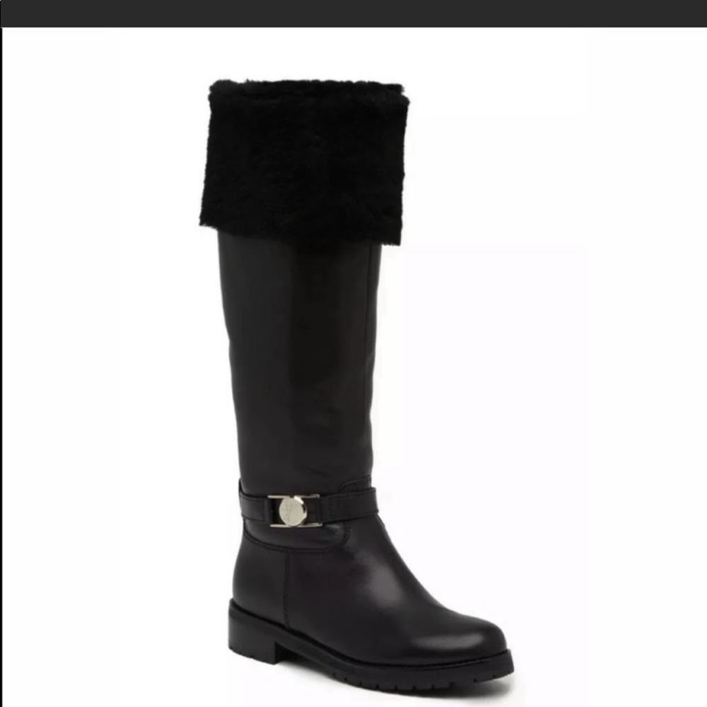 New Versace black leather fur tall boots size 5